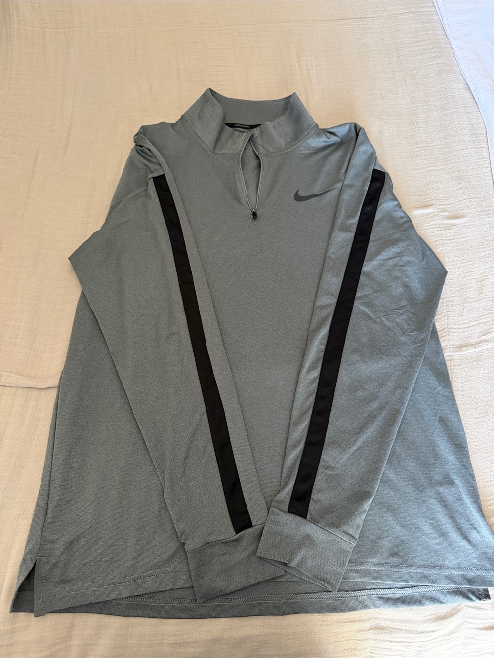Nike Pro Light Gray Quarter-Zip Pullover with Black Sleeve Stripes